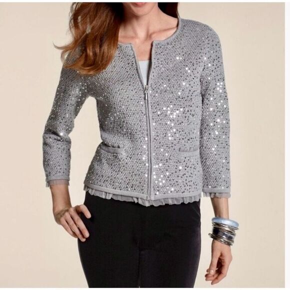 Chico’s Full Zip Sequined Jacket Cardigan size 1 US M 8 Silver Gray - Picture 1 of 9